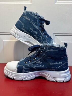 Distressed Dark Blue Denim High-Top Sneakers with Chunky White Sole size 11